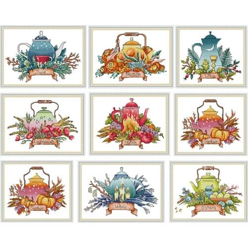 Flower Teapot Counting Printing Cross Stitch Kits DMC Embroidery Kit 11CT 14CT Canvas DIY Cross Stitch Pattern Needlework Set