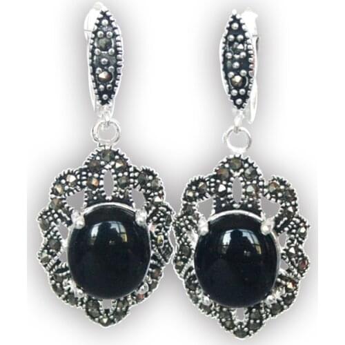 Natural Black stone Gems 925 Silver & Marcasite Earrings 11/2" 5.29 REAL Natural