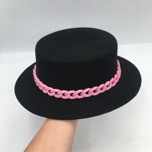 The New black wool felt womens hat web celebrity fashionable western style chain flat hat