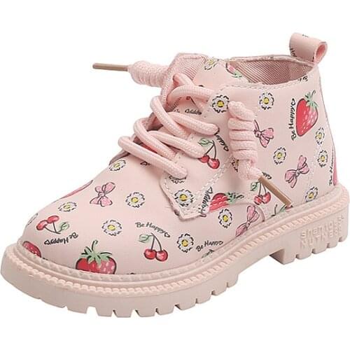 2021 Autumn New Childrens Fashion Boots Girls British Style Single Boots Princess Shoes Strawberry Cute Fashion Flats Hot Sweet