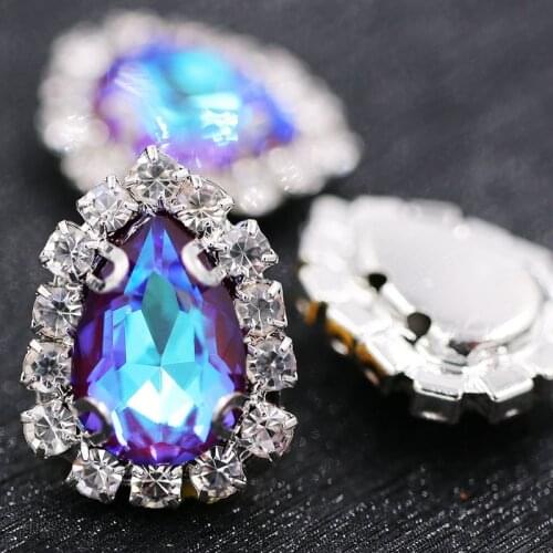 New glass rhinestones teardrop shape sew on Sliver base crystal button Wine red fluorescence crystals rhinestones for nail art