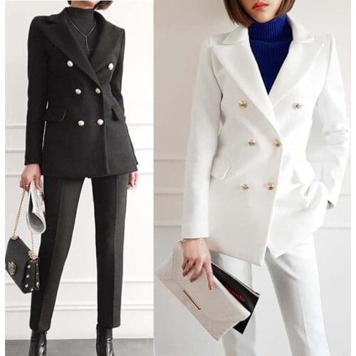 New business casual wild color womens fashion Slim temperament double-breasted suit jacket temperament slim trousers two-piece