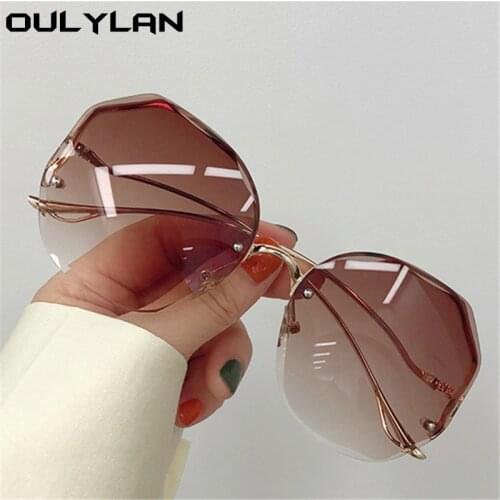 Oulylan Rimless Sunglasses Women Fashion Metal Bent leg Gradient Sun Glasses Ladies Sexy Blue Pink Eyewear Vintage Shades UV400