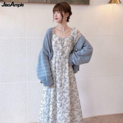 JiaoAmple Spring Autumn Graceful Two Pieces Dress Set 2021 New Korean Chic Floral Chiffon Dress+Knitted Sweater Cardigan Suits
