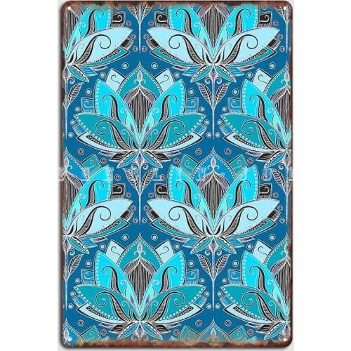 Art Deco Lotus Rising Black Teal Turquoise Pattern Poster Metal Plaque Wall Decor Customize Club Bar Club Tin Sign Posters