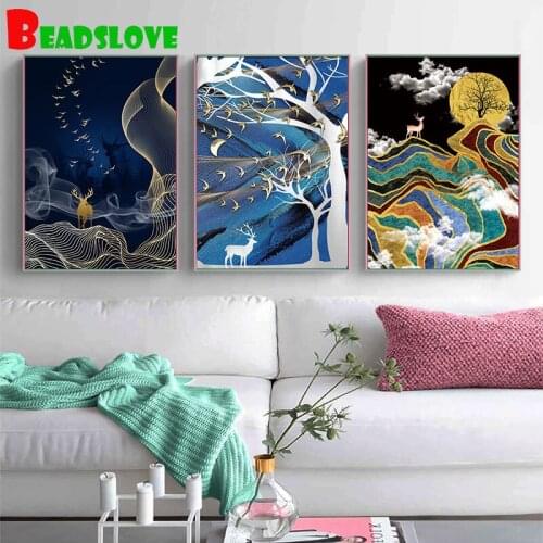 Full drills diamond painting Abstract Deer Tree diamond embroidery rhinestone mosaic diamond inlaid pattern Triptych