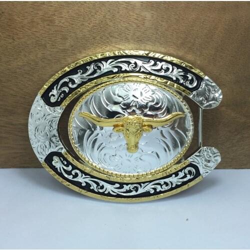 Bullzine HEAVY zinc alloy western bull head belt buckle silver gold finish FP-03682 LUXURIOUS cowboy jeans gift belt buckle