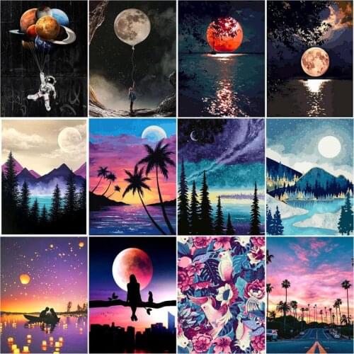 RUOPOTY Frame DIY Painting By Numbers Kits Moon River Scenery Acrylic Paints By Numbers Wall Art Picture Handpainted For Diy Gif