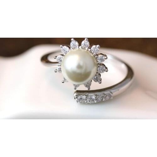 Newest Listed Pearl Ring Sun Crystal Open Ring Adjustable Ring Jewelry Silver Plated Gift Idea