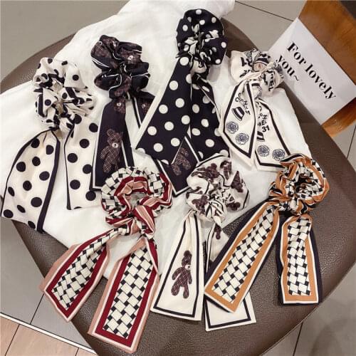 Summer Ribbon Bows Scrunchies Dot Bear Lattice Print Elactic Hair Bands Rubber Bands for Women Girls Ponytail Holder Accessories