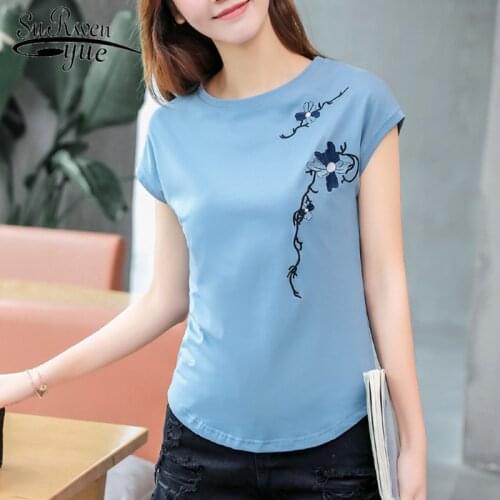 Camisetas Feminina 2021 Summer Fashion Women Tops Solid Cotton Loose Shirt O-Neck Embroidered Short Sleeve Tee Plus Size 8621 50