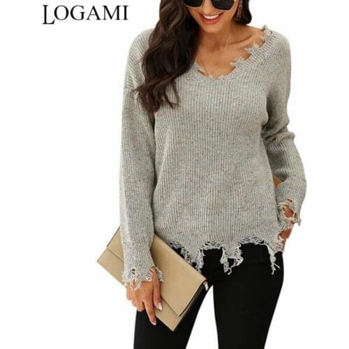 LOGAMI Colorful Dot Knit Sweater Ripped V-neck Pullover Women Long Sleeve Autumn Winter Sweaters