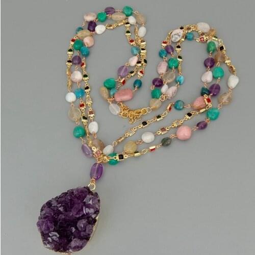 YYGEM Natural Multi Freeform Quartz Rosary Chain Necklace Amethyst Druzy Pendant 23"