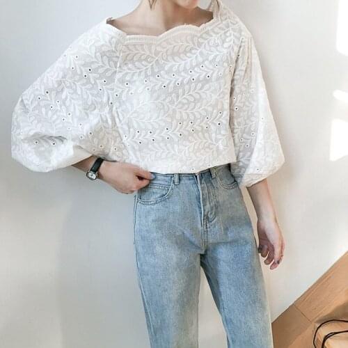 Summer Autumn White Blouse Korean Fashion Women Loose 3/4 Sleeve Embroidery Lace Shirt Sweet Cute Slash Neck New Arrival 15573