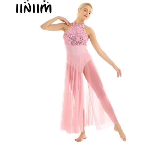 Womens Costumes Adult Halter Sequined Ballet Dance Stage Performance Ballerina with Built-in Femme Gymnastics Leotard Dress