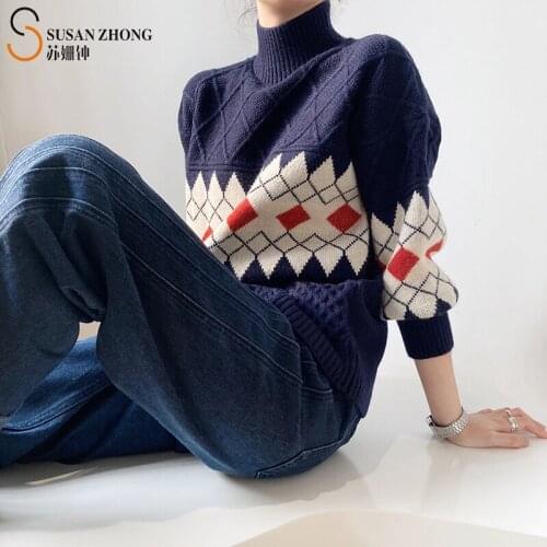 Women Pullovers Female Sweater Ladies Knitwear Tops Autumn Winter Mock Neck Geometric Pattern Braid Drop Shoulder Loose Office