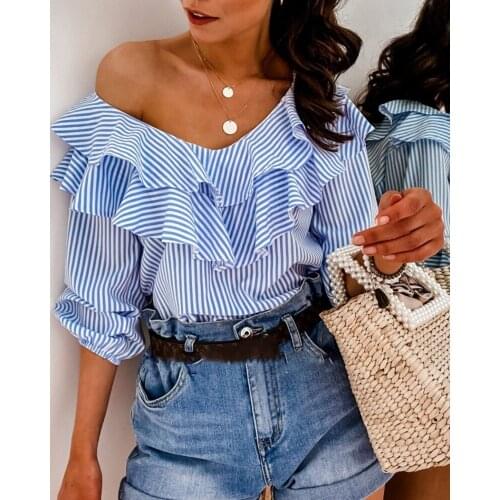 Womens Sexy Lace Tops Blue Striped Ruffles Chic jumper tops Blouse Short Sleeve Casual shirt Women clothing Girls blusa hot