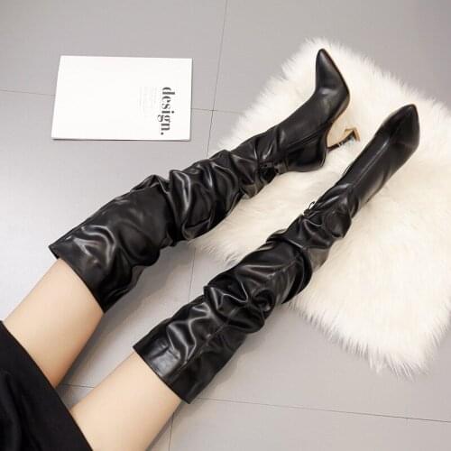 Europe and the United States 2020 New Long Boots Female Thin Heeled Tip White High-Heeled Knee-High Boots Thin Spool Heels Boots