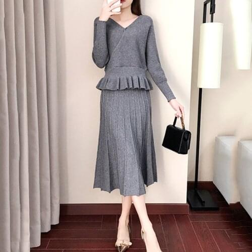 Women Sweater Set 2019 Autumn Winter V-neck Long Sleeve Ruffles Sweater + Midi Pleated Skirt Set Elegant Knit 2 Piece Set P-265