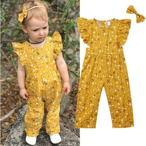 1-6Y Summer Toddler Baby Kids Girls Romper Headband 2PCS Flowers Print Yellow Romper Jumpsuit Set Clothes