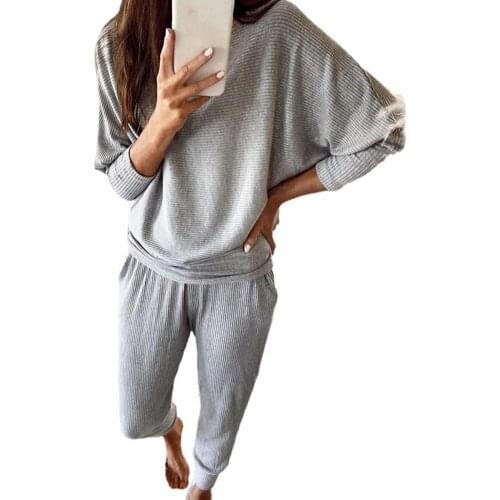 Women Casual Solid Color Ankle Banded Blouse Pants Set Two Piece Set Batwing Long Sleeve Outfit for Daily Sport Streetwear