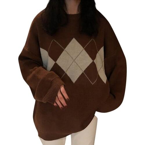 Womens Sweater Winter Geometric Pattern Fashion Casual Knitted Sweaters Female Long Sleeve Korean Oversize Jumpers Pullovers
