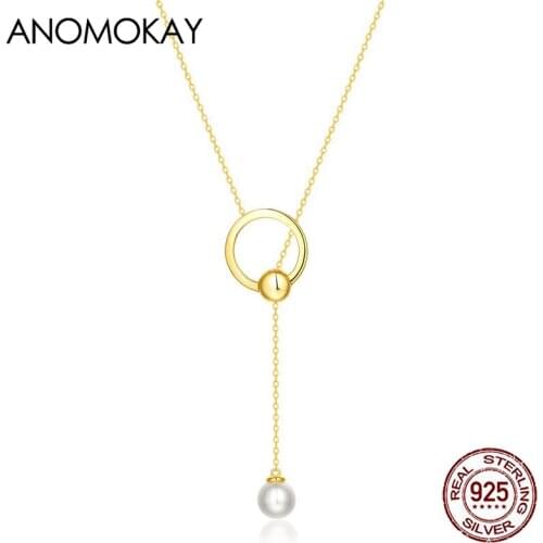 Anomokay Fashion Geometric Pearl Chain Link Necklace for Women Genuine Sterling 925 Silver Round Long Sweater Chain Necklace