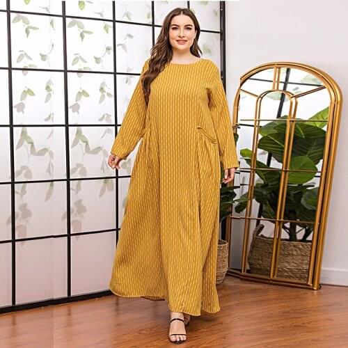 DOIB Yellow Striped Plus Size Dresses Long Sleeve Pockets Loose Abaya Kaftan Islamic Clothing Dubai Muslim Maxi Dress