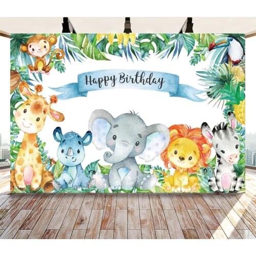 Jungle Animals Happy Birthday Backdrop Cute Elephant Lion Photo Background Child Birthday Party Background Photography