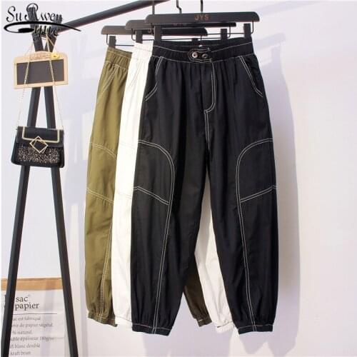 Cotton Long Casual High Waist Cargo Pants Women Loose Capri Long Pants Solid Elastic Waist Beam Feet Baggy Pants for Women 10654