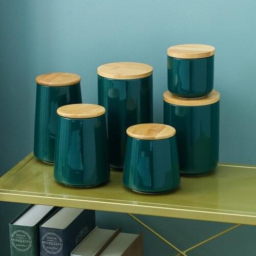 Nordic Style Ceramic Storage Bottle Jar For Spices Wood Lid Cans Kitchen Coffee Tea Candy Cane Container Cans For Storage Box