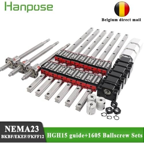 6PCS HGH15 linear guide12PCS HGH15CA slider SFU1605 ball screw nut seat + BKBF12 EKEF12 support seat NEMA23 closed loop motor