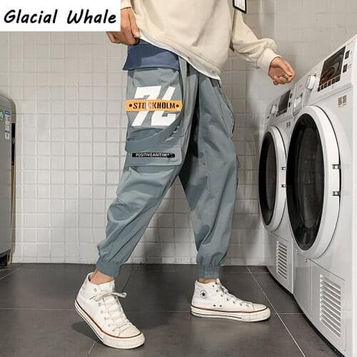 GlacialWhale Fashion 2021 Gray Side ribbon Mens Cargo Pants Joggers Men Pockets Hip Hop Harajuku Trousers Pants Men