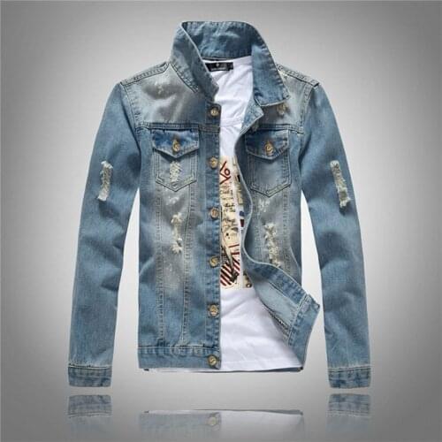 Mens Denim Jacket Korean Style Trendy Mind Blue Hole Coat Jeans Jacket Coat Large Size Denim Jacket Light-colored Mens Jacket