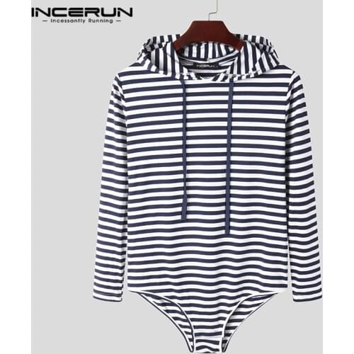 Men Striped Bodysuit T Shirt Hooded 2021 Long Sleeve Sexy Fitness Tops Rompers Casual Underwear Comfortable Camisetas INCERUN