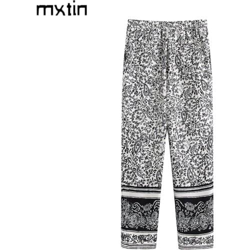 MXTIN 2021 Women Spring Fashion Casual Print Straight Pants Vintage High Waist Pockets Office Lady Female Ankle Trousers Mujer