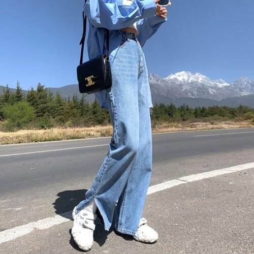 Hole Wide-leg Denim Straight-leg Pants Womens Summer Thin New Split-pull Mopping High Waist Loose Irregular Trousers