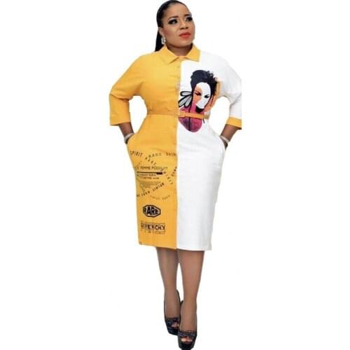 African Dress for Women Polo Neck Half Sleeve Turn Down Collar Robes Fashion Print Splice Streetwear African Office Lady Dress