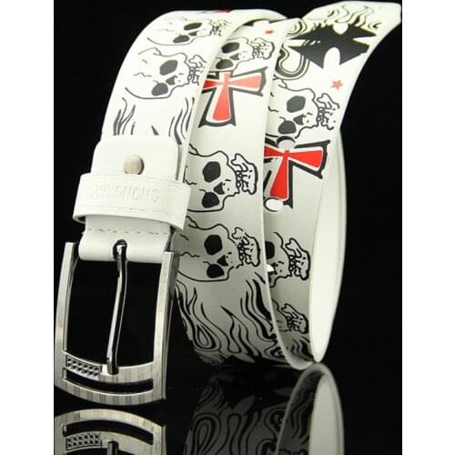 Pin Buckle High Quality PU Imitation Leather Mens Belt European and American Hip-hop Skull Casual Pants Young Mens Belt White