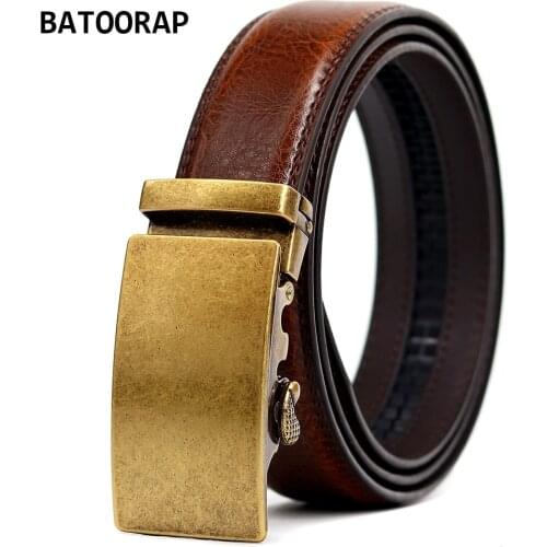 Business Cowhide Ratchet Belt High Quality Mens Leather Belt Designer Luxury Alloy Automatic Buckle Brown Strap