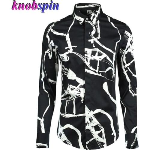 Guitar pattern Black White Print Shirt men 2019 Brand design long sleeve Pure Cotton Clothing Chemise homme Slim business Shirts