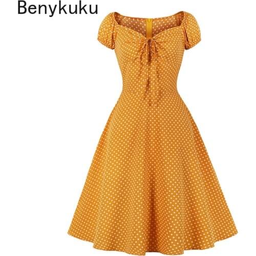 Tie Neck Polka Dot Vintage 1950s Style Summer Dress 2021 Women Clothes High Waist Short Robe Femme Retro Female Casual Dresses