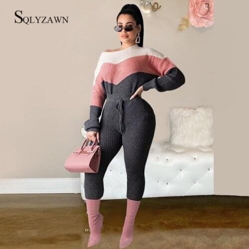 Warm Knitted Sweater Two Piece Pants Set Women Fall Winter Stripe Colorblock Sportswear Pullover Matching Outfits Casual Suits