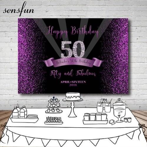 Sensfun Photography Background Black Sparkly Purple Glitter Woman Happy 50th Birthday Party Backdrop Photo Studio 7x5FT Vinyl