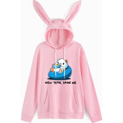 2021 Spring Autumn Women Hoodies Kawaii Rabbit Ears Fashion Kangaroo Pocket Hoody Casual Pink Sweatshirt Hoodies for Women
