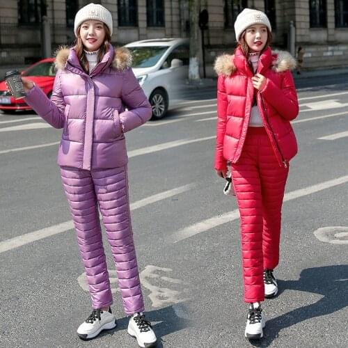 Women 2021 Winter Fashion Sets Warm Down Cotton Parka Fur Collar Thick Hooded Jacket coat + Elastic Waist Pants 2-Piece Set D244