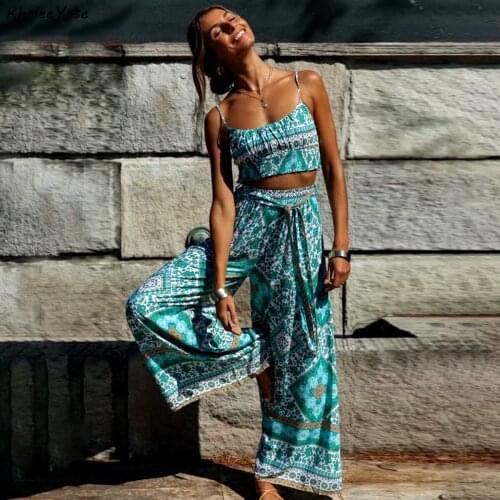 KHALEE YOSE Boho Floral Print Women 2 Piece Set Vintage Summer Crop Top Wide Leg Pant Two Piece Sets Chic Beach Women Sets