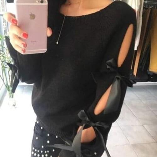 Women Autumn Sweater Sexy O-neck Warm Knitted Sweaters Femme Bow Hollow Out Long Sleeve Knitwear Jumper Fashion Ladies Pullover