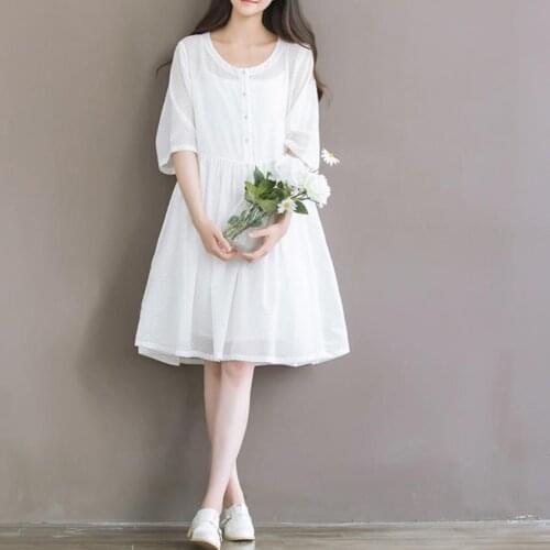Retro Art Style Women Mid Cotton Linen White Solid Fairy Dress Loose Summer Casual Vestidos Ladies Dresses Thin