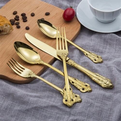 Gold And Silver Retro Cutlery Set 5-Piece Flatware Set Stainless Steel Knife Fork Spoon Luxury Wedding Dinnerware Sets Tableware